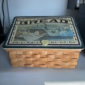 Vintage Charming Country Style Woven Bread Basket Box With Hand Painted Lid